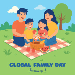 Global Family Day Illustration – Happy Family Picnic Celebration, January 1 Holiday