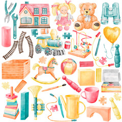 Set of children's toys. Children's games. Watercolor cartoon illustration isolated on white background. Soft toys, train, doll, educational toys, wooden toys.