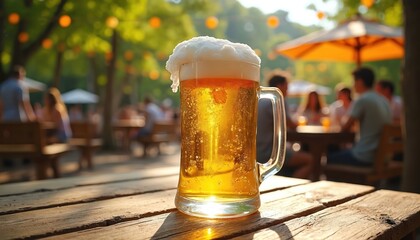 Mug of beer stands on wooden table in a garden. Frothy beer with bubbles reflects sun. People gathering enjoying cold beverage together outdoors on summer day.