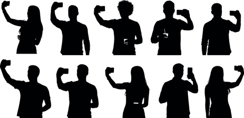 Silhouette people taking selfies with smartphones in various poses, modern lifestyle concept, digital culture, mobile photography, vector illustration