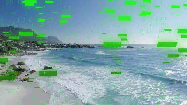 Camera panning coastline, green binary blocks appearing, gathering over ocean, visualizing data