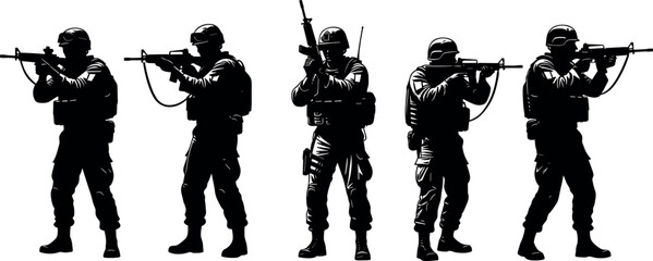 Silhouetted armed soldiers in tactical gear aiming rifles during combat mission, military operation, defense security, warfare illustration vector art