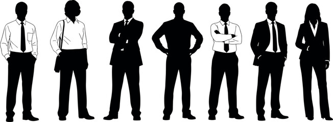 Silhouettes of Diverse Business Professionals in Formal Attire Posing Confidently for Corporate Presentation, Marketing, and Office Team Concepts