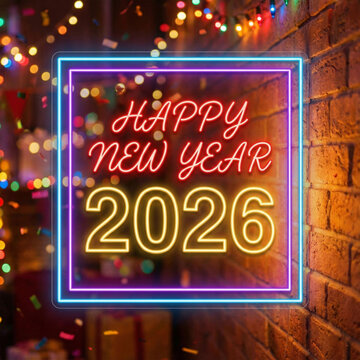 Happy New Year 2026 Inside Glowing Neon Frame with Vibrant Festive Lights, Luminous Celebration Border, Bright Holiday Glow Artwork, Square Format Neon Illustration