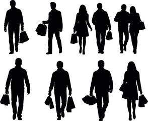 Silhouettes of people walking with shopping bags, urban lifestyle, consumer behavior, retail activity, black vector illustration for marketing use.