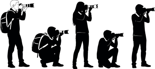 Silhouettes of photographers in action with cameras and backpacks capturing dynamic outdoor scenes from various creative shooting angles