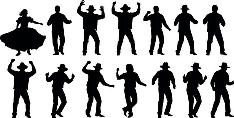 Silhouettes of Western Country Dancers in Cowboy Hats Performing Energetic Moves and Twirls for Line Dance and Rodeo Themes