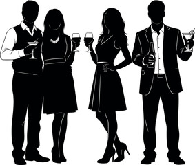 Stylized silhouette of elegant adults holding drinks at formal party event, perfect for nightlife, celebration, fashion, and social themes.