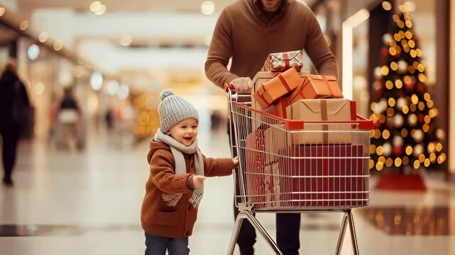 Man and child pushing a shopping cart full of gift boxes. Happy father and son shopping for Holiday season sale.