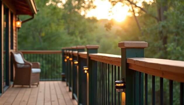 Wooden deck with green railing and solar lights. Sun shines through trees. Wicker chair sits on deck. Relaxing place for vacation. Luxury house patio with outdoor furniture.