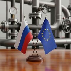 Symbolic Russia and European Union desktop flags cross over complex industrial pipeline system suggesting energy negotiations
