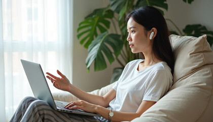 Young woman sits on couch with laptop. She wears headset and talks to online teacher. Lady student learns using computer webcam chat and makes notes. Distance education concept at home.
