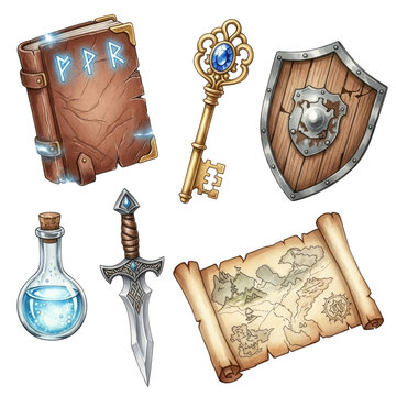 Watercolor Fantasy Adventure Game Items isolated on a transparent background