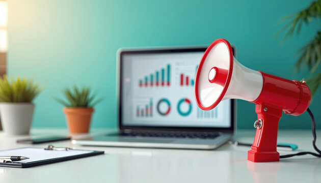 Red megaphone on desk near laptop displays charts and graphs. Office plants on table. Workspace with business analytics data. Promotion, sales, strategy, announcement. - Powered by Adobe