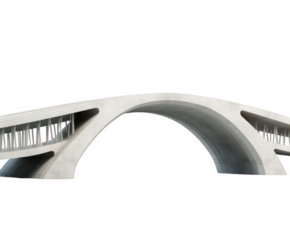 A close-up view of a white concrete bridge with a large arch and cutouts on a transparent background