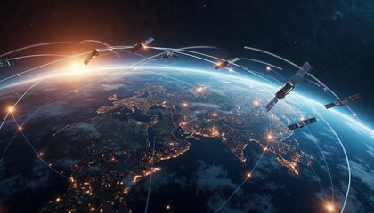 Fototapeta na wymiar Dynamic 3D rendering of multiple satellites in orbit around Earth. Illuminated continents showcase global connectivity. Illustrates advanced space technology, communication networks. Complex orbital