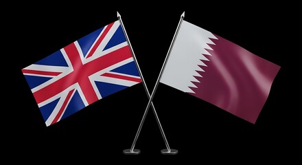 Stunning crossed flags of the United Kingdom and Qatar waving proudly against a deep black background for international partnership concepts