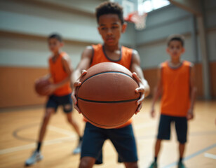 Young diverse boys play basketball in sports hall. Teenagers train dribbling ball and practice shooting hoop. Kids engage in active team sport, building skills and fitness during match.
