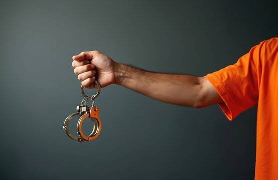Man in orange uniform holds opened metal handcuffs. Muscular arm extends forward against dark grey background. Powerful gesture represents release from jail, freedom from custody. Shows end to