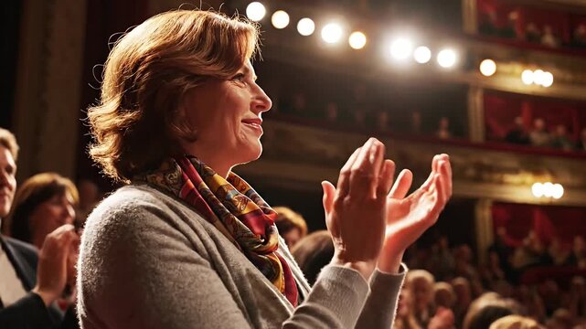 Appreciative middle-aged woman enthusiastically applauding and smiling at a captivating live theater or concert performance surrounded by a cheerful audience