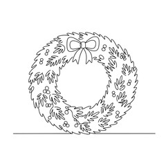 Christmas wreath with bow and leaves in simple line art style  