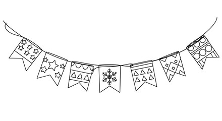 Decorative string of festive, patterned flags in black and white  