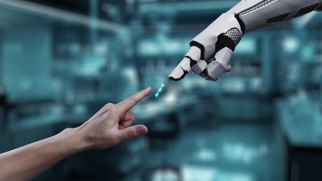 Robot and human reaching hand and pointing finger with DNA holographic floating. Close up of robotic hand and human working together while pointing finger at blurred laboratory background. Salubrious.