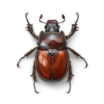 A close-up view of a brown and black beetle with a shiny exoskeleton. The beetle has distinct antennae and legs, showcasing its detailed features.