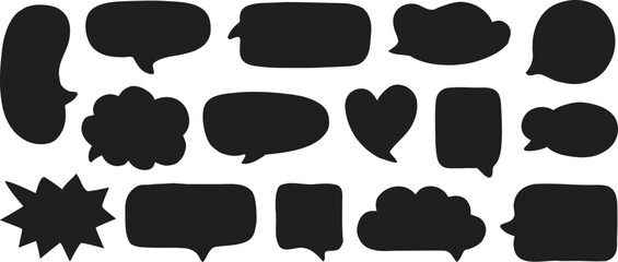 Bold black speech bubble silhouettes perfect for comics, messaging designs, and creative layouts. This collection features diverse shapes for dialogue, notes, and expressive artwork. Ideal 
