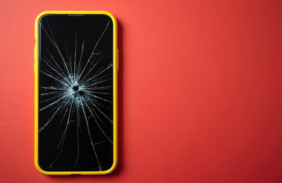 Smartphone with shattered screen lies on red background. Yellow phone case. Display is broken damaged. Tech device accident. Gadget fail concept. Modern mobile phone. Cracked glass.