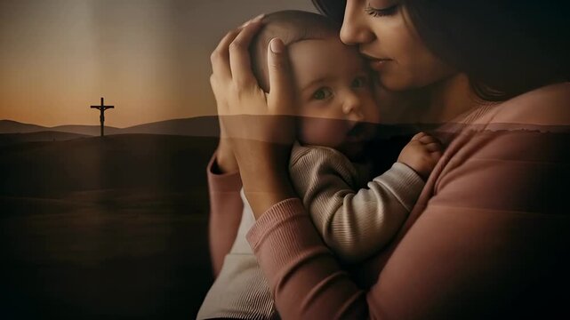 Woman cradling baby with cross on hill at sunrise in background. Spirituality and motherhood concept for Christian Easter.