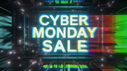 Cyber Monday Sale neon sign glows with glitch effect in a futuristic tunnel. - Powered by Adobe