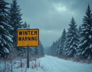 Yellow winter warning sign on snow covered rural road through cold forest. Blizzard brings heavy snowfall and icy conditions. Concept of extreme weather alert, travel danger and safety precaution.