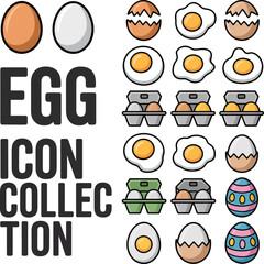 Diverse egg icons: raw, cracked, fried, carton, and decorative