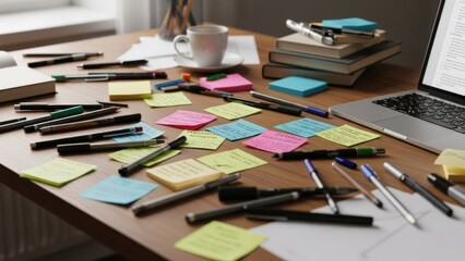 Messy desk with pens, sticky notes, and laptop, ready for work.