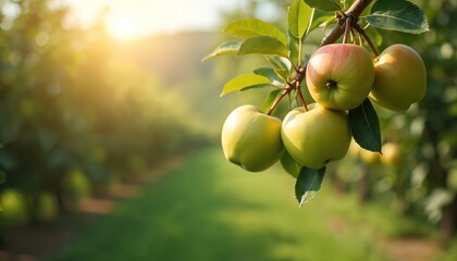 Ripe apples grow on tree branch in sunlit orchard. Green leaves and soft sunlight create natural beauty. Fresh fruit harvest ready for picking in farm.