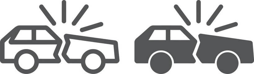 Car crash line and solid icon set, road accident vector sign.