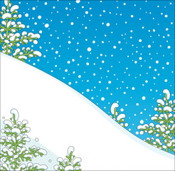 Winter background with a white snowy hill, green fir trees and falling snowflakes in blue sky on a beautiful frosty day in a snow-covered forest, vector cartoon illustration