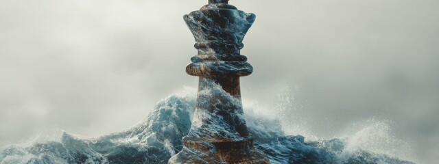 Stormy Seas and Chess Piece: A Dramatic Merging of Strategy and Nature's Fury in a Captivating Visual Display