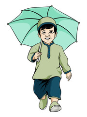 Happy Boy in Muslim Clothes Walking with Umbrella