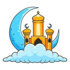Golden Mosque on Crescent Moon with Clouds