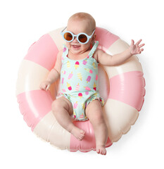 Cute little baby with sunglasses on inflatable ring against white background, top view