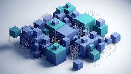 Digital data visualization with interconnected blue cubes and network lines