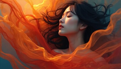 Woman with dark hair surrounded by flowing orange fabric. Sunlight illuminates her face with soft warm glow. Peaceful expression suggests serenity and introspection. Elegant abstract composition.