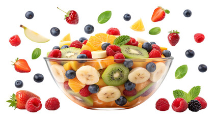 Fruit salad in a glass bowl isolated on white background