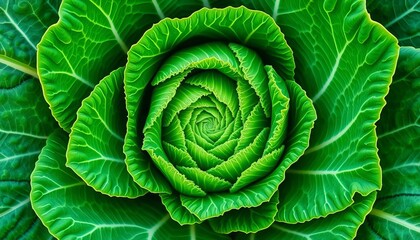 Obraz premium Intricate fractal-like cabbage head, spiraling leaves, endless repetition, core, macro