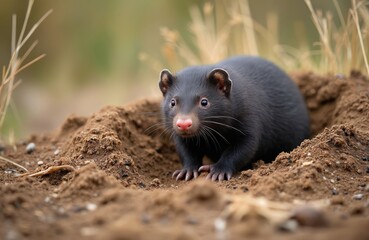 Dark furred animal emerges from dirt burrow. Small mammal has pink nose, whiskers, and sharp claws. Wildlife portrait shows creature in natural outdoor habitat.