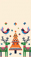 Fototapeta premium Graphic of Christmas tree, bird, and deer in geometric design on a beige background, representing festive decoration, holiday spirit, and whimsical celebration