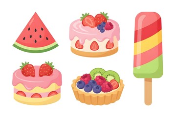 Bright set of fruity desserts: watermelon slice, strawberry layer cakes with pink glaze, mixed berry tart with kiwi, and striped popsicle. Cute pastel clipart, isolated on white.