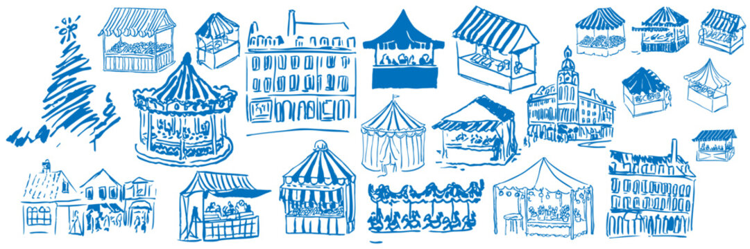 Hand drawn winter town market christmas stalls, street scene elements